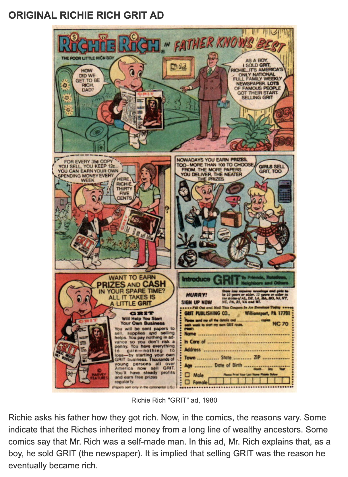 Original Richie Rich Grit newspaper ad from 1980 — the ad that started it all for Stacy Kellams